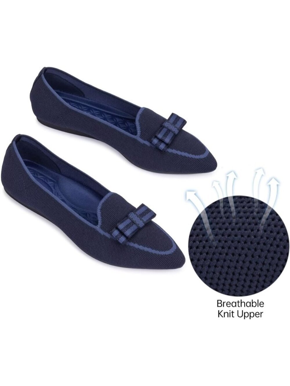 Women's Dark Blue Elegant Pointed Toe Fabric Lace Up Washable Loafer Flat Shoes - Picture 6 of 7